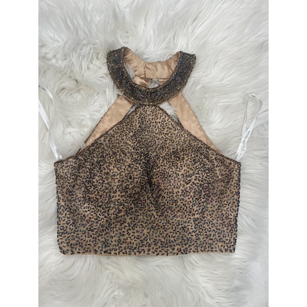 Sherri Hill High Neck Rhinestone Gold Crop Rainbow Halter Top Size 2